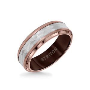 7mm Espresso Tungsten Carbide Ring - Hammered Center White Tungsten And Step Edge - 001-150-02144