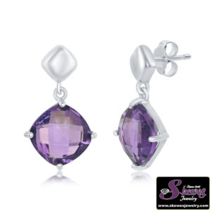 Sterling Silver Square Cushion Cut Amethyst Earrings - 001-210-00827