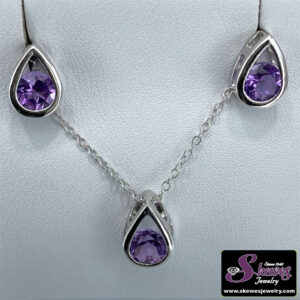 Sterling Silver Pearshaped Earrings And Pendant Set With Round Amethyst - 001-230-01607