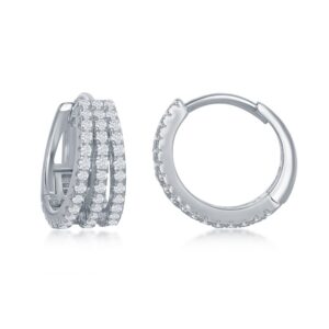 Sterling Silver Triple Row Cz Small Hoop Earrings - 001-610-01239