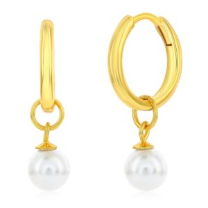 Sterling Silver/gp Round Pearl Charm Huggie Hoop Earrings - 001-610-01274