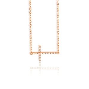 Sterling Silver Sideways Cz Cross Necklace-rose Gold Plated - 001-630-02322