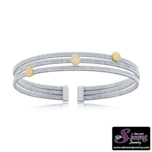 Sterling Silver Round Cz Triple Wire Bangle Bonded With 14k Gold Plating - 001-640-00330