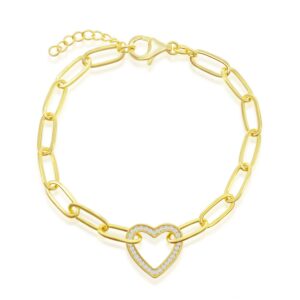 Sterling Silver Gold Plate Heart Cz Paperclip Bracelet - 001-640-00375
