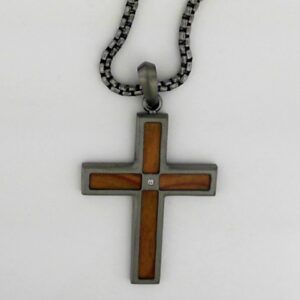 Gunmetal Stainless Wood Cross With Cz On 24 Chain - 001-900-01159