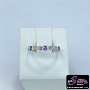 10K White Gold Amethyst Stackable Ring with Diamond Accents