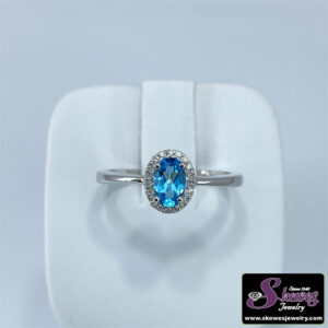 10K White Gold Oval Blue Topaz Ring with Diamond Accents