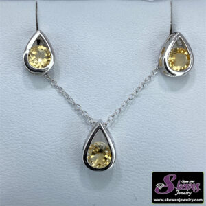 Elegant Sterling Silver Pearshaped Earrings and Pendant with Round Citrine