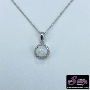 10K White Gold Opal Pendant with Diamond Accents