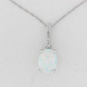 10K White Gold Created Opal Pendant with Diamond Accents