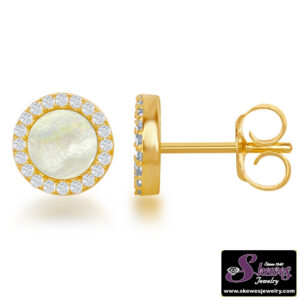 Sterling Silver and Gold-Plated CZ and Mother of Pearl Round Stud Earrings
