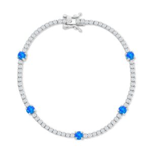 Sterling Silver Round Blue Created Opal and CZ Bracelet