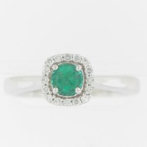 14K White Gold Cushion Cut Emerald Halo Semi-Mount Ring with Diamond Accents
