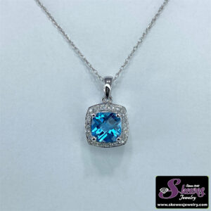 10K White Gold Blue Topaz Pendant with Diamond Accents