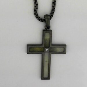Stainless Steel Cross Necklace with Antler Inlay and Cubic Zirconia