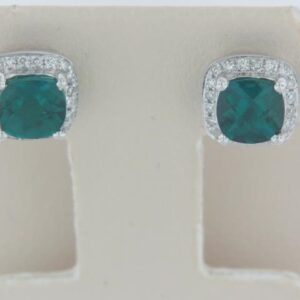 10K White Gold Emerald Cut Emerald Earrings with Diamond Accents
