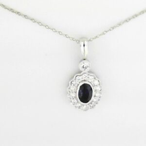 10K White Gold Oval Sapphire Pendant with Lab Grown Diamond Accents