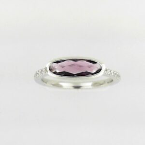 14K White Gold Amethyst Emerald Cut Ring with Diamond Accents