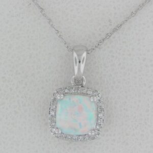 10K White Gold Created Opal Pendant with Diamond Accents
