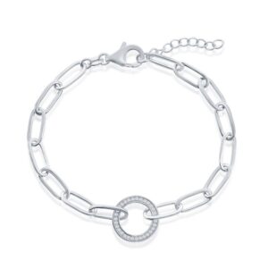 Elegant Sterling Silver CZ Circle Paperclip Bracelet