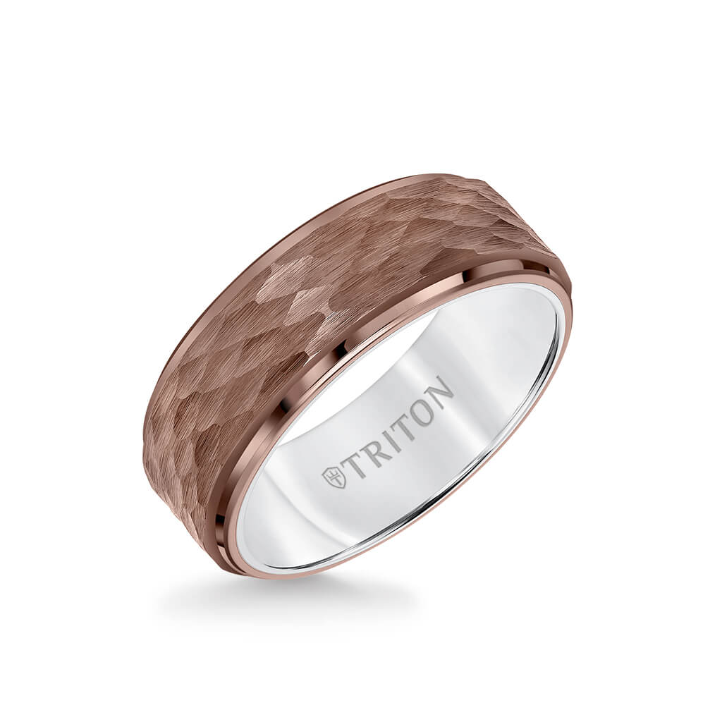 Hammered Tungsten Carbide Ring with Step Edge Design