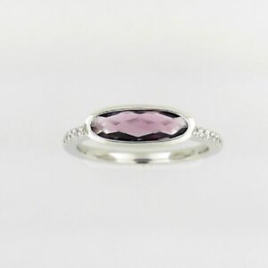 14K White Gold Amethyst Emerald Cut Ring with Diamond Accents