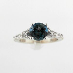14K White Gold 6.5mm Round London Blue Topaz and Diamond Pendant
