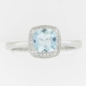 10K White Gold Aquamarine Emerald Cut Ring with Diamond Accents