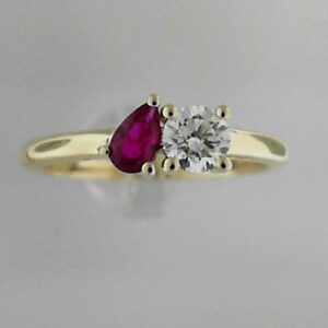 10K Yellow Gold Pear Lab-Created Ruby and Round Lab-Grown Diamond Ring