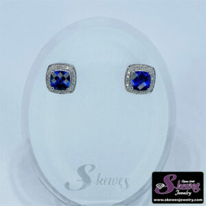 10K White Gold Created Sapphire Stud Earrings with Diamond Accents