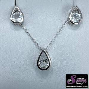 Sterling Silver Pear-Shaped Earrings and Pendant with Round White Topaz