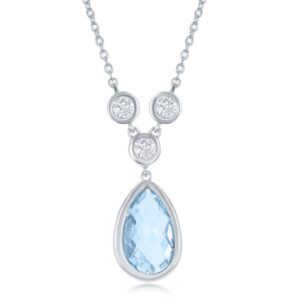 Elegant Sterling Silver Teardrop Blue Topaz Pendant with White Topaz
