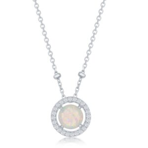 Sterling Silver Round Created White Opal Necklace with CZ Halo