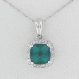 10K White Gold Emerald Cut Pendant with Diamond Accents