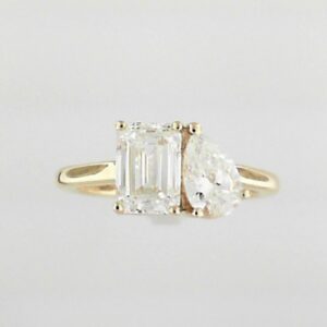14K Yellow Gold Toi et Moi Ring with Pear and Emerald Cut Lab Grown Diamonds