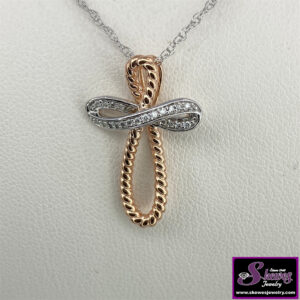 Elegant Two-Tone Sterling Silver and 10K Rose Gold Diamond Cross Pendant