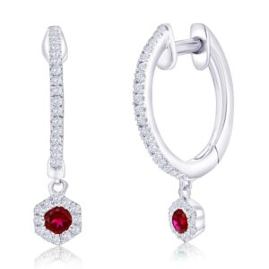 Sterling Silver Lab Grown Ruby Hexagon Charm and Diamond Huggie Earrings