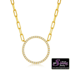 Sterling Silver and Gold-Plated Cubic Zirconia Circle Paperclip Necklace