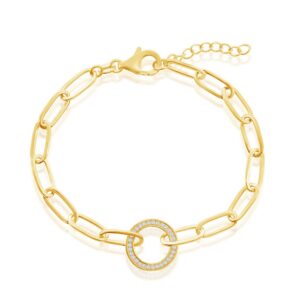 Sterling Silver Gold Plated CZ Circle Paperclip Bracelet