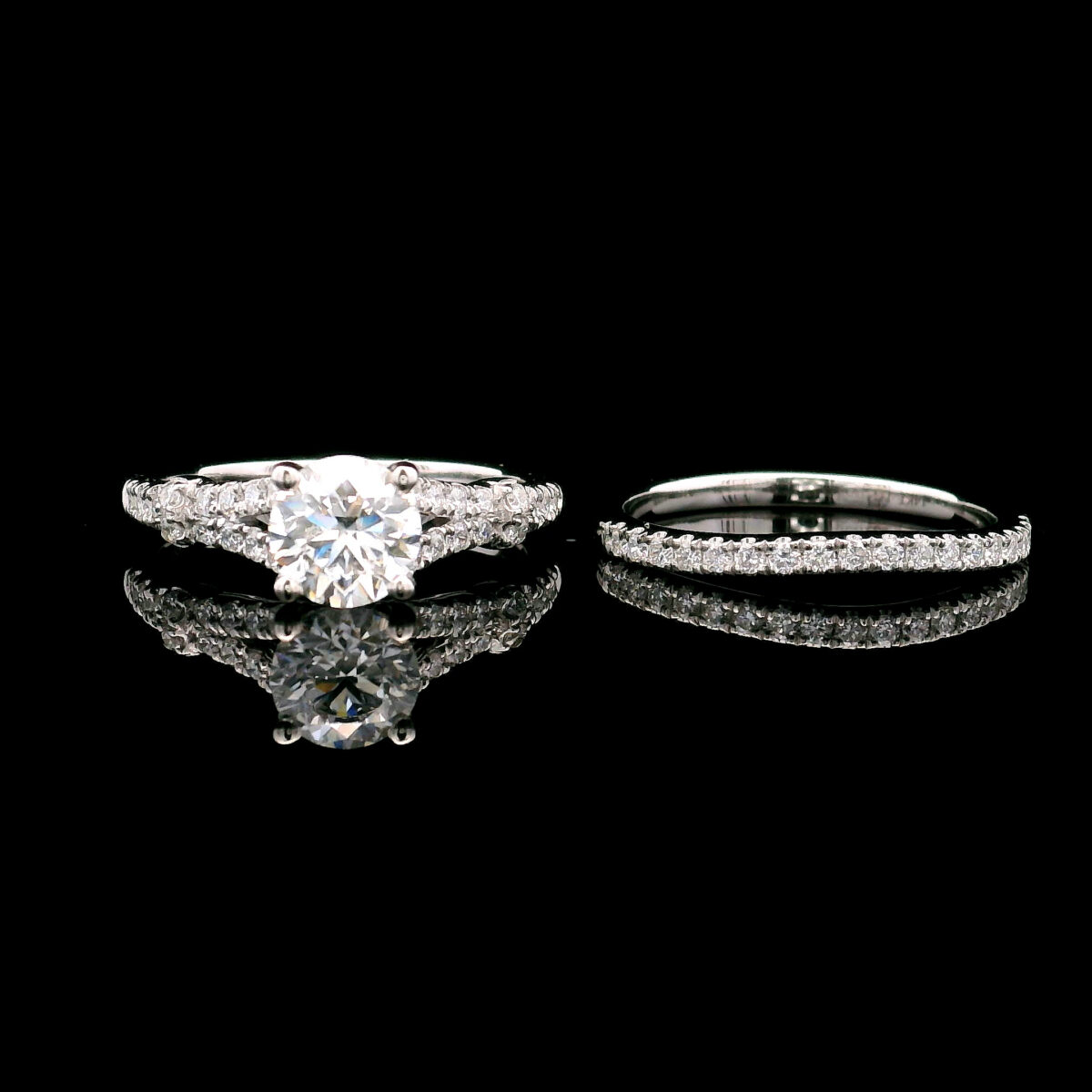 14K White Gold1ct Round Cut Lab Grown Diamond Split Shank Engagement Ring Set 1.33ctw