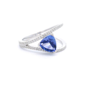 7.5mm Trillion Tanzanite Bypass Cocktail Ring in 10k White Gold with 1/5ct TW