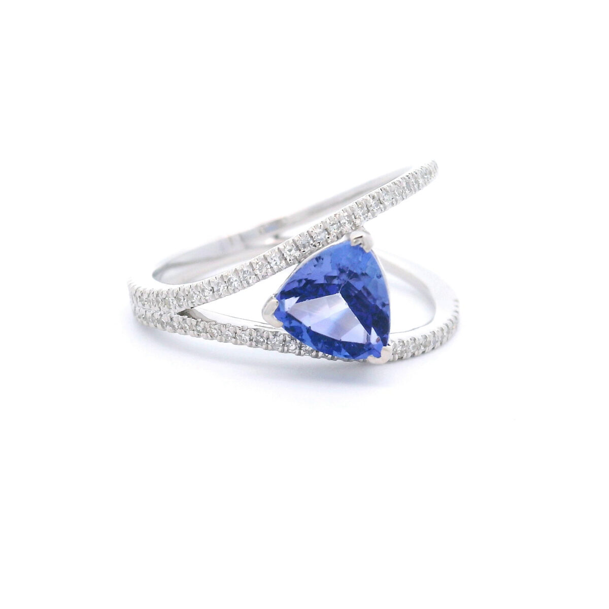 7.5mm Trillion Tanzanite Bypass Cocktail Ring in 10k White Gold with 1/5ct TW