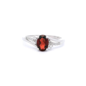 7X5mm Oval Garnet Bypass Ring in 10K White Gold w/ 1/20 CT