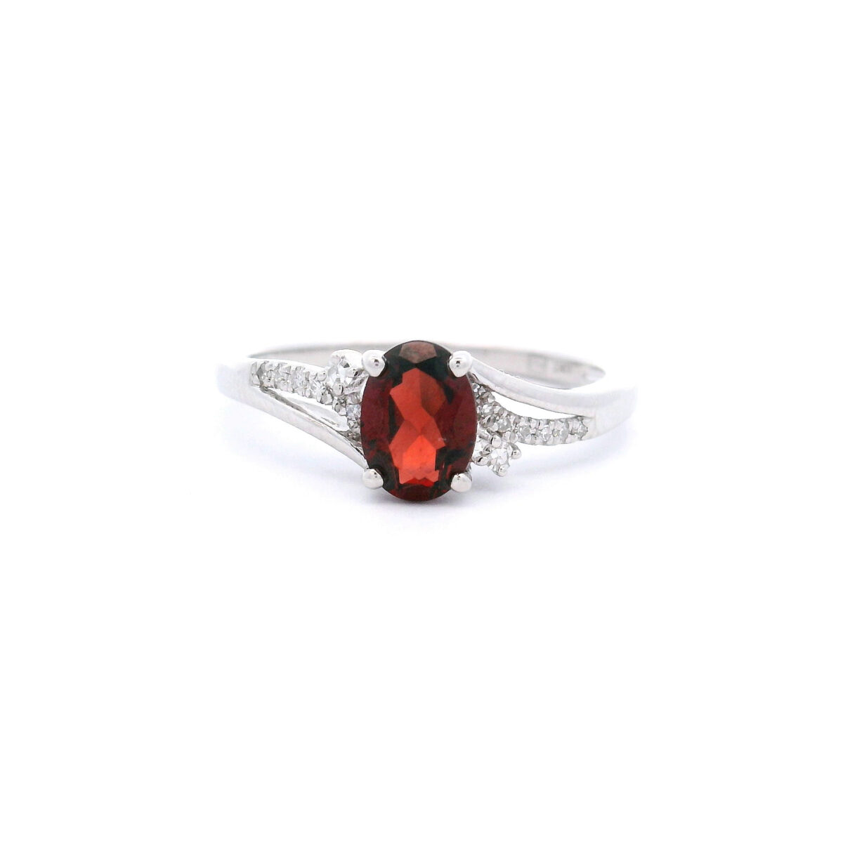 7X5mm Oval Garnet Bypass Ring in 10K White Gold w/ 1/20 CT