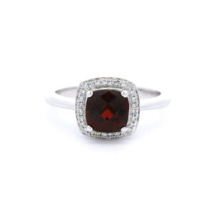 6mm Cushion-Cut Garnet Halo Ring in 10K White Gold w/ 1/10CTW