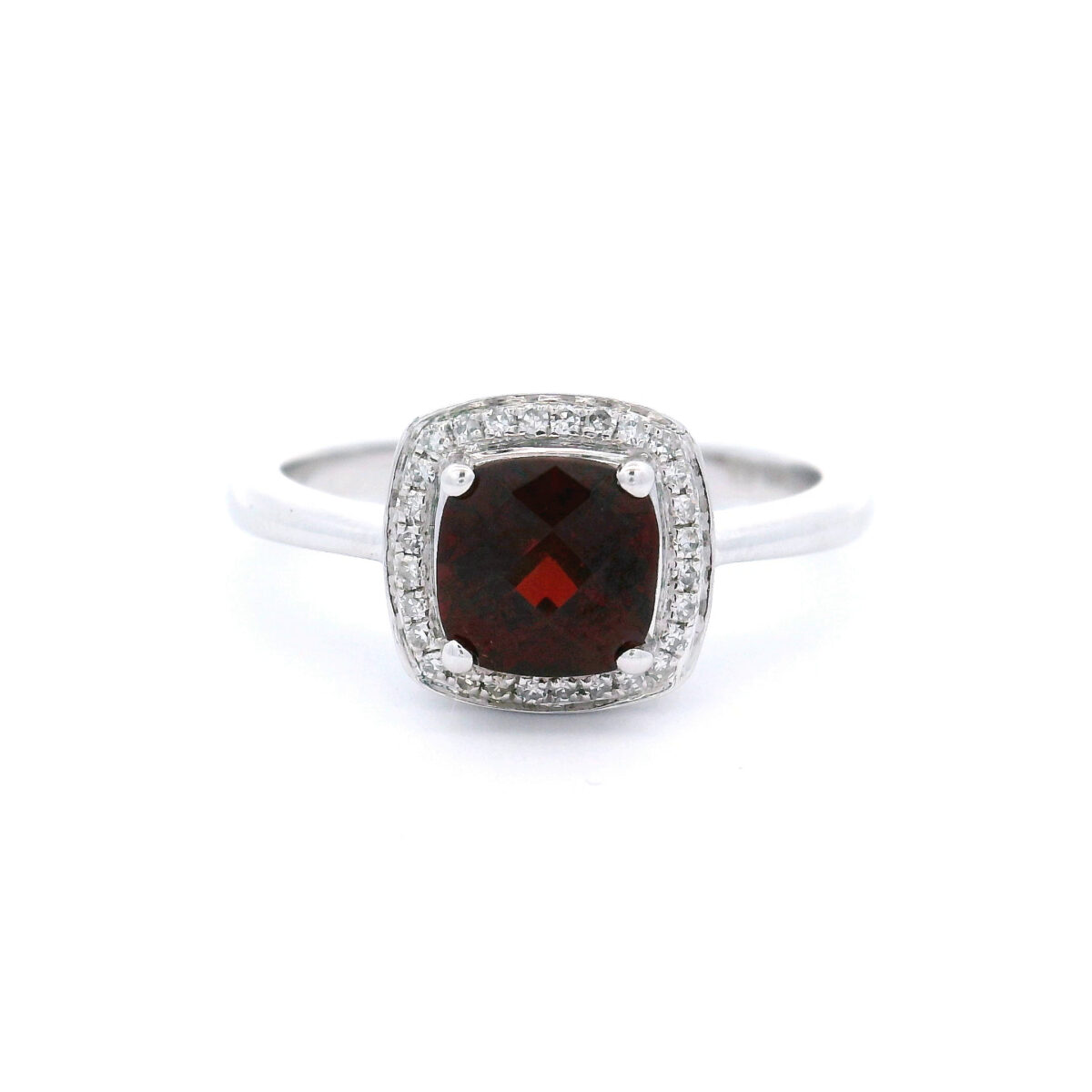 6mm Cushion-Cut Garnet Halo Ring in 10K White Gold w/ 1/10CTW