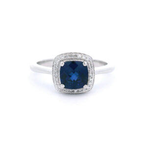 6mm Cushion-Cut Royal Created Blue Sapphire Halo Ring in 10K White Gold 1/10 CTW