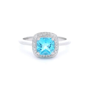 6mm Cushion-Cut BlueTopaz Halo Ring in 10K White Gold w/ 1/10 CTW
