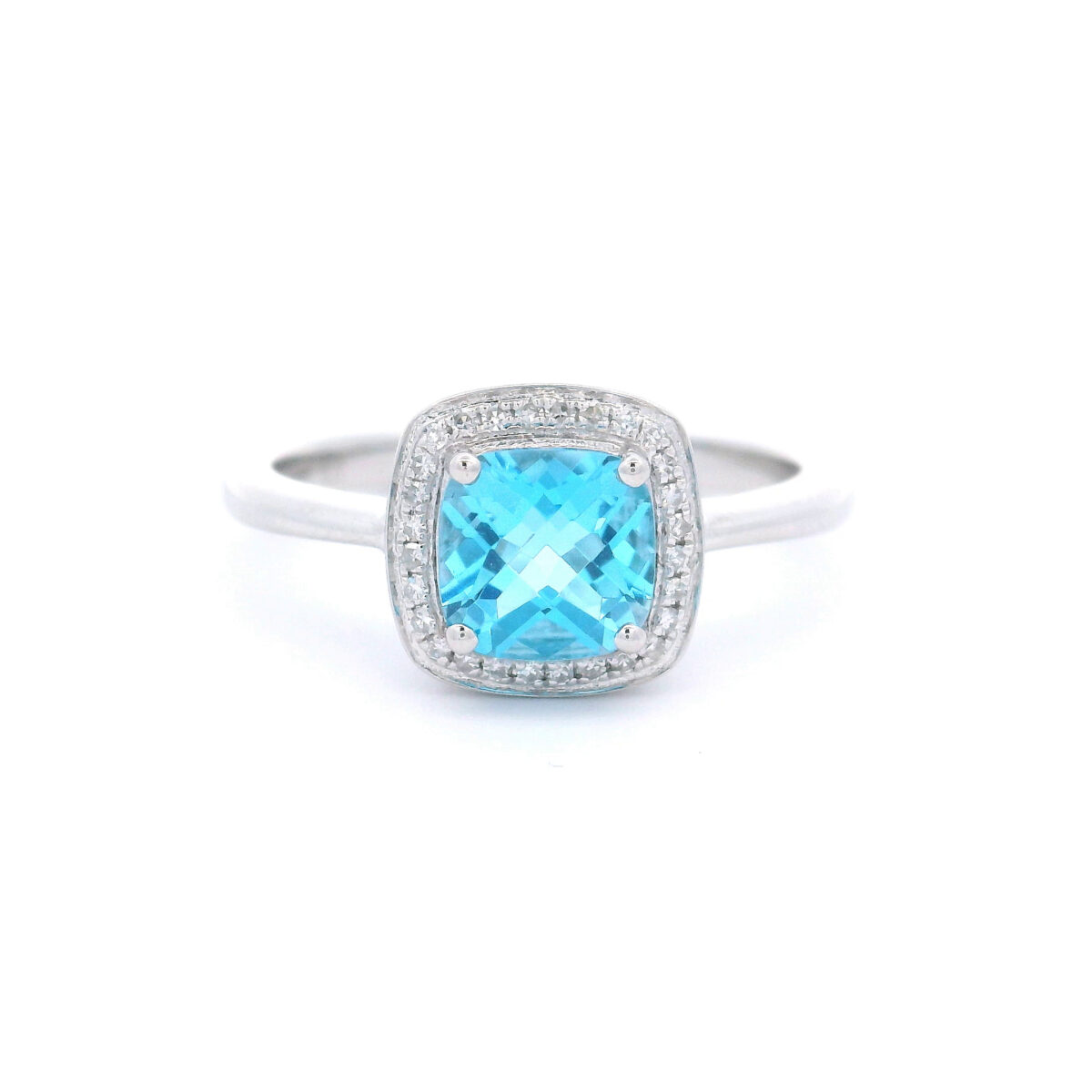 6mm Cushion-Cut BlueTopaz Halo Ring in 10K White Gold w/ 1/10 CTW