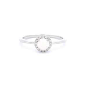 4.5 mm Round Opal Halo Ring in 10K White Gold w/ 1/20 CTW